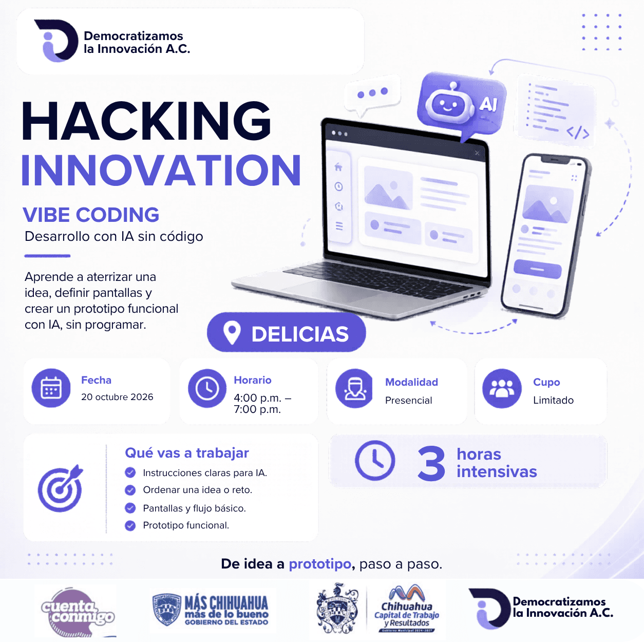 Flyer de HACKING INNOVATION TALLER "IA PARA NO PROGRAMADORES" DELICIAS
