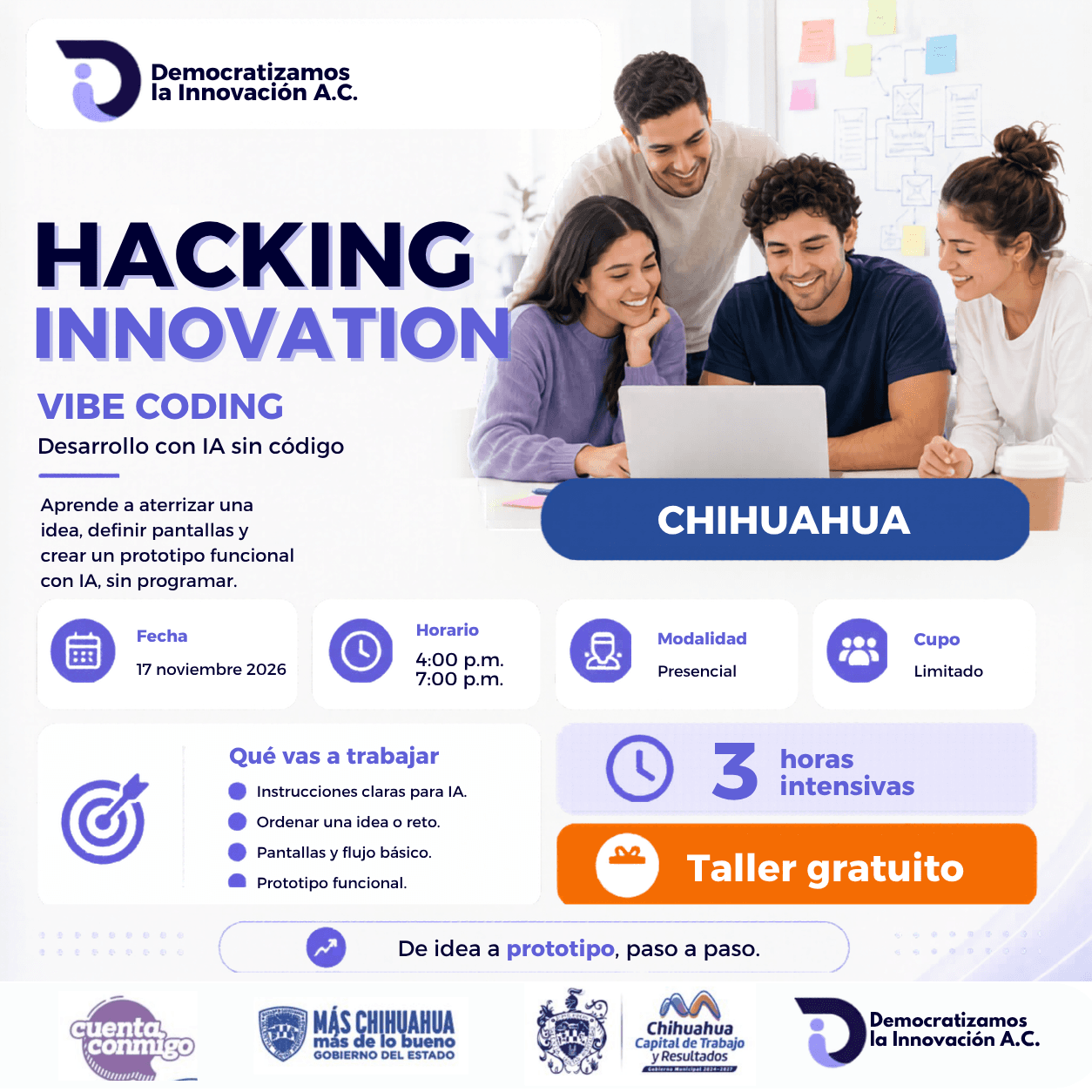 Flyer de HACKING INNOVATION: Vibe Coding | Generación de soluciones IA | Chihuahua