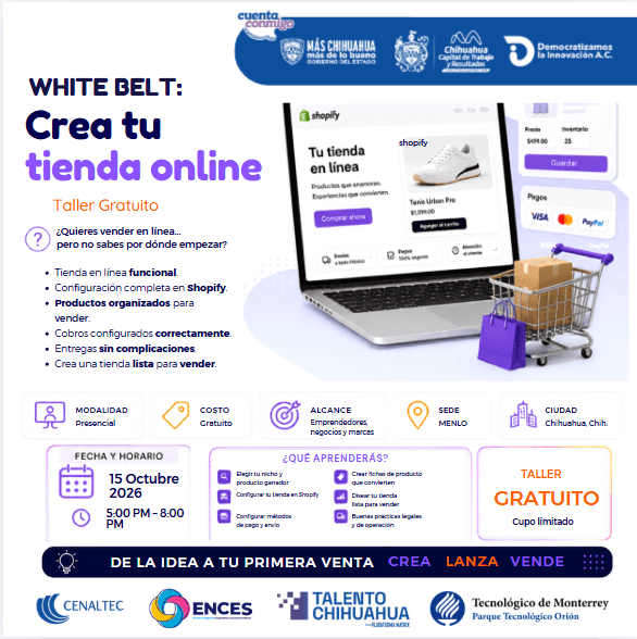 Flyer de White Belt: Crea tu tienda online